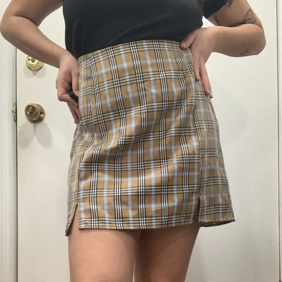 Tan High Waisted Plaid Mini Skirt